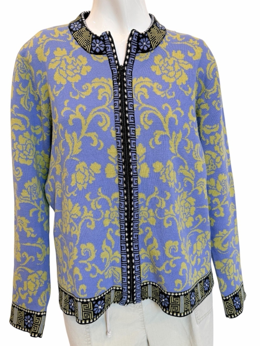 Icelandic Designs XL 100% Cotton Zip Front Cardigan Sweater Floral Blue Green